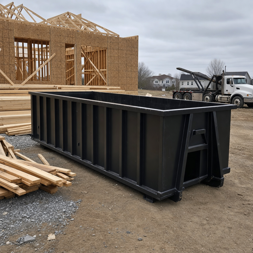 Matte-black 40-yard roll-off dumpster staged on a framed-out residential construction site in Davie, framing lumber stacked nearby, hooklift delivery truck visible in the background under bright Colorado daylight