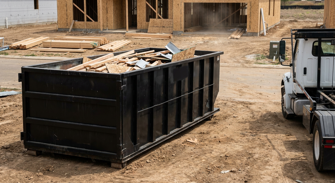 Matte-black 20-yard roll-off construction dumpster with heavy ribbed steel sidewalls and swing rear doors at a working jobsite in Davie, sitting directly on compacted dirt with an unmarked white hauler partially visible at the far edge of the frame.
