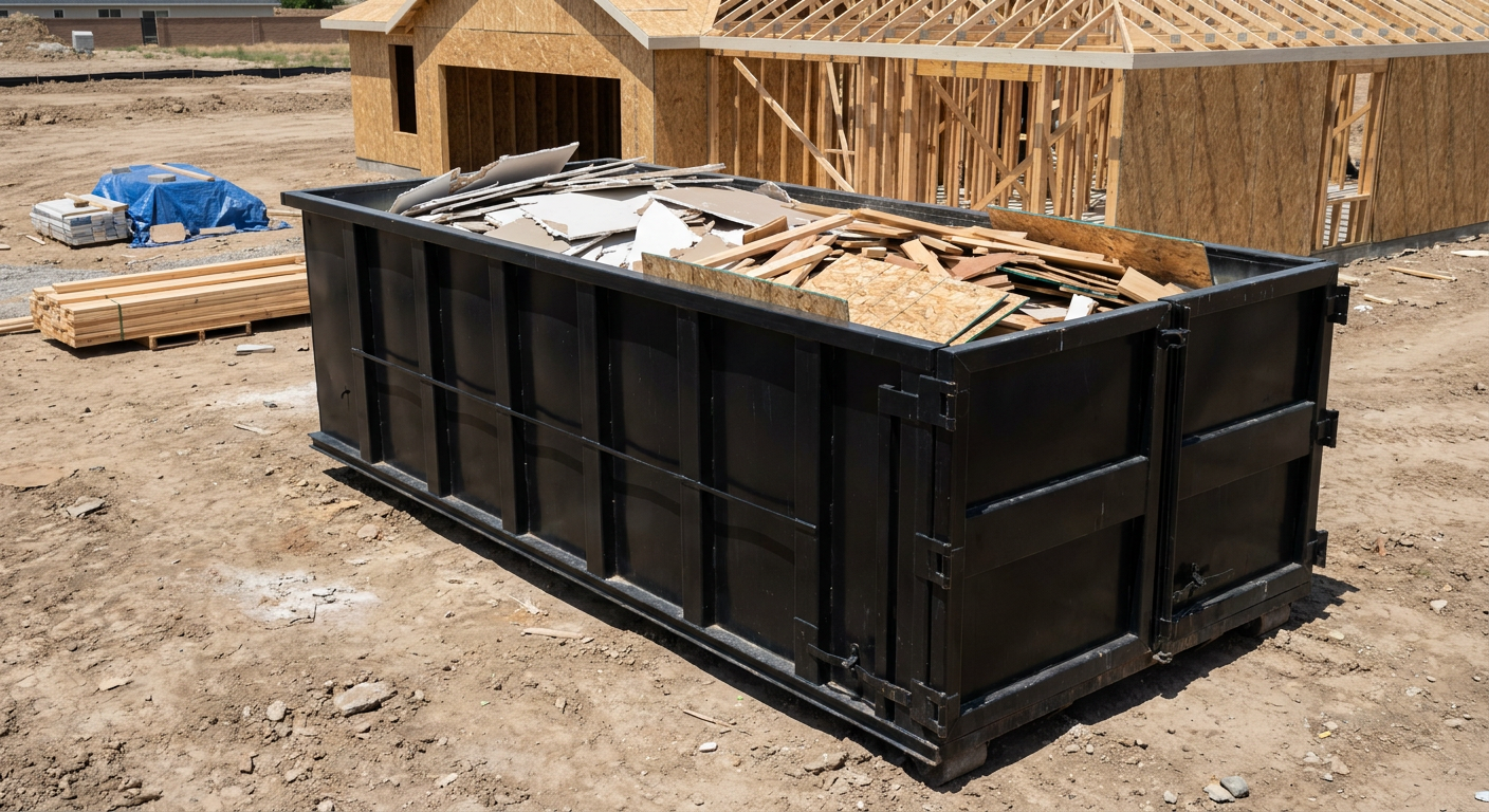 Matte-black 30-yard roll-off construction dumpster sitting directly on the compacted-dirt site of a framed single-family home build in Davie, drywall and lumber scrap loaded inside.