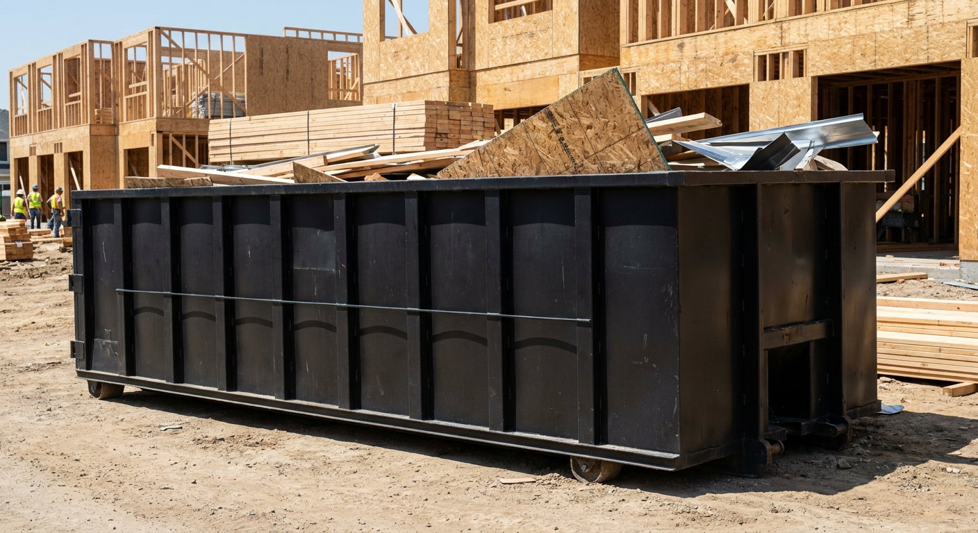 Matte-black 40-yard roll-off construction dumpster being lowered from a white-cab hooklift delivery truck onto the compacted-dirt jobsite at a commercial build site in Davie