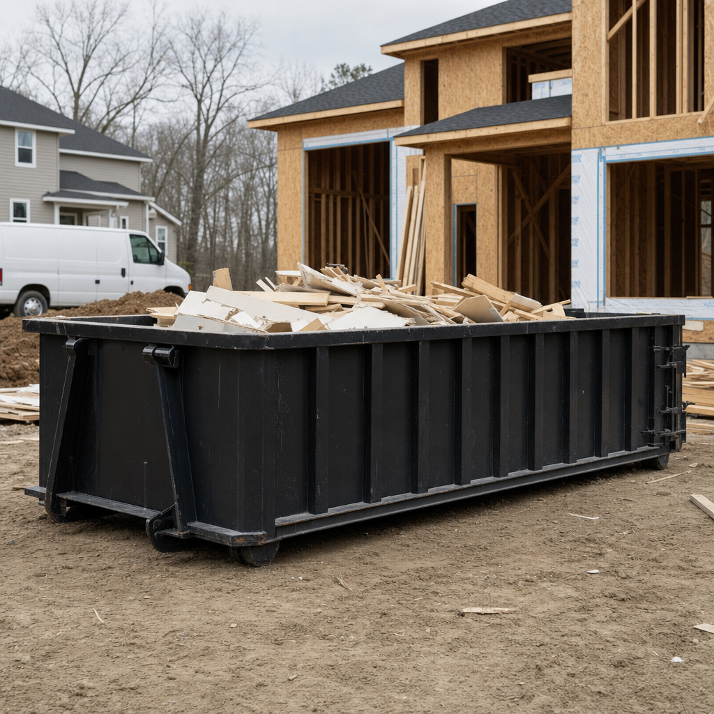 Worker in a yellow high-visibility vest tossing framing lumber and broken drywall into a matte-black 30-yard construction roll-off dumpster on an active build site in Davie, bright daylight