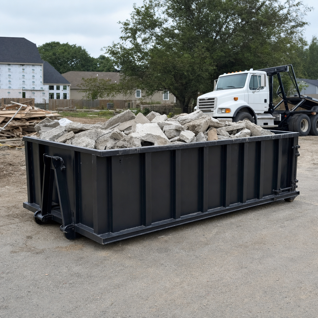 Low-profile matte-black lowboy roll-off dumpster loaded with broken concrete slab and rebar at a foundation tear-out in Davie, skid steer parked beside it, sunny Colorado morning