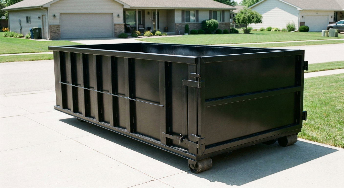 Matte-black 10-yard roll-off dumpster on a residential concrete driveway in Davie, uniformly painted matte black across every panel and rail, ribbed steel sidewalls and rear swing door visible, mid-day daylight.