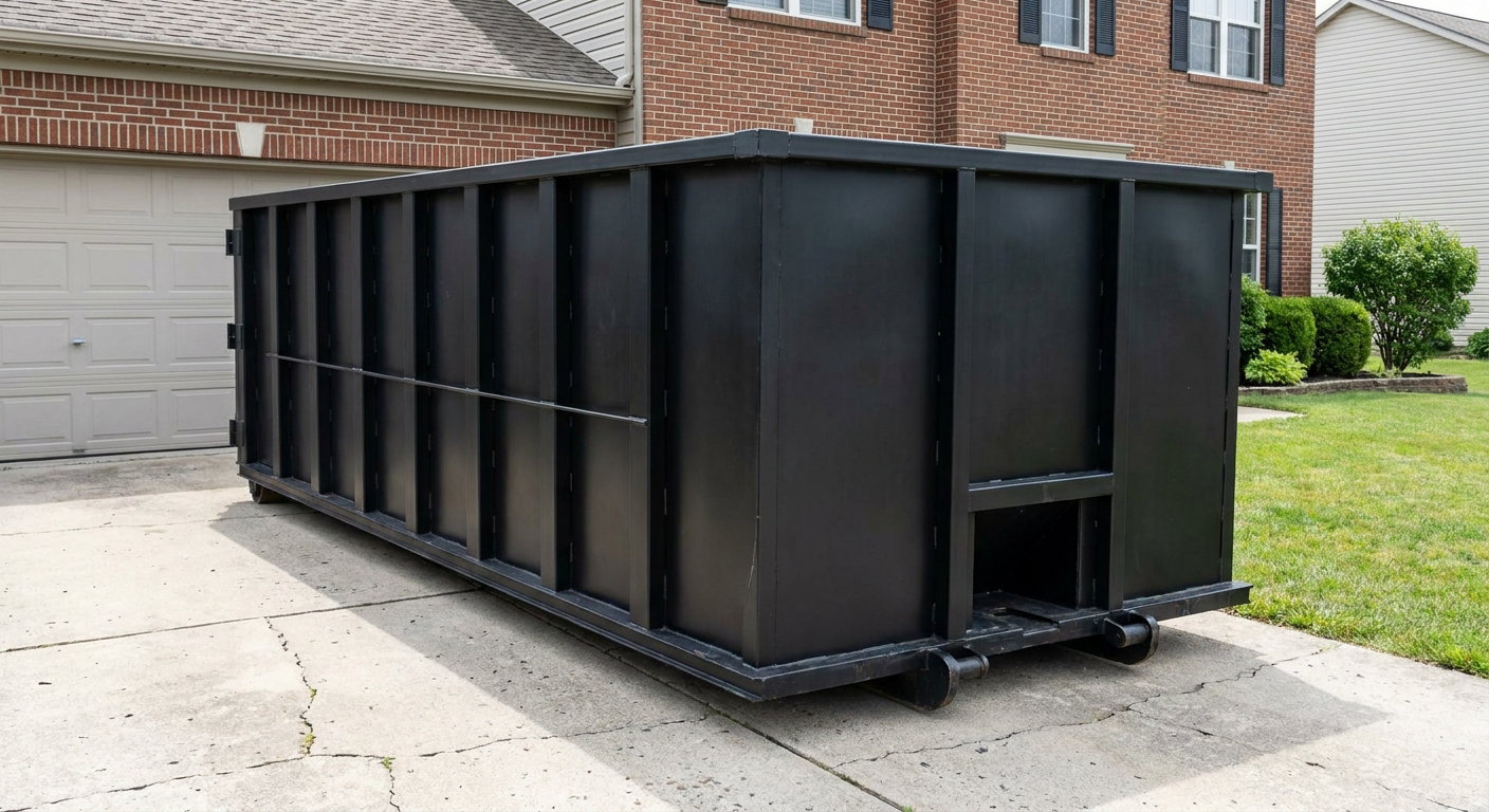 Matte-black 20-yard roll-off container on a Davie residential concrete driveway with reinforced ribbed steel sidewalls and a hinged rear walk-in door, clean bright daylight.