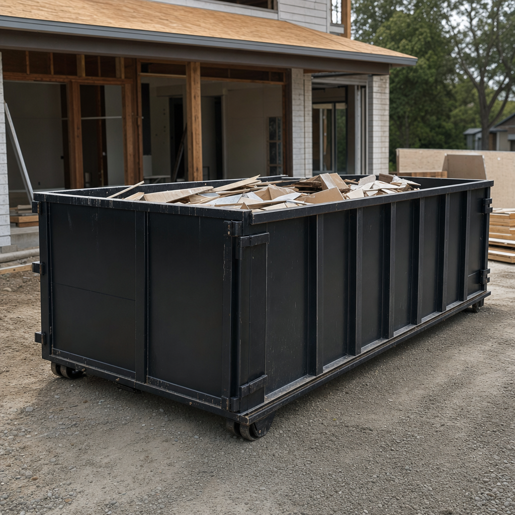 Large matte-black 30-yard construction roll-off dumpster at an active Davie jobsite, steel-gray top rails and bottom rollers visible, loaded with construction debris.