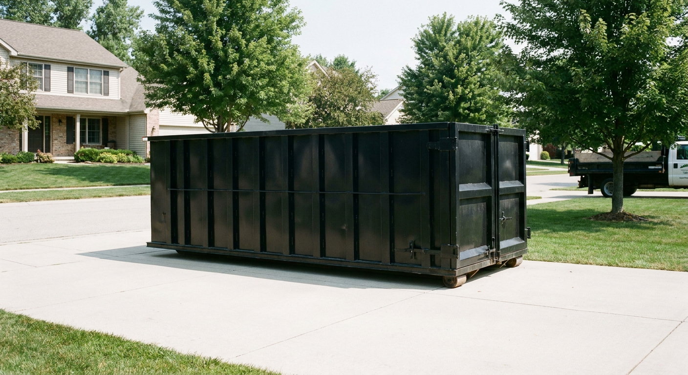 Matte-black 20-yard roll-off dumpster sitting level on a clean Davie residential concrete driveway under bright daylight, demonstrating clean placement directly on the concrete.