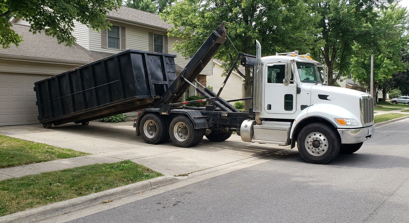 White-cab hooklift roll-off truck actively lowering a matte-black dumpster onto a Davie residential concrete driveway, the dumpster's rear wheels touching the driveway as the hoist arm tilts the bed forward, mid-morning daylight.