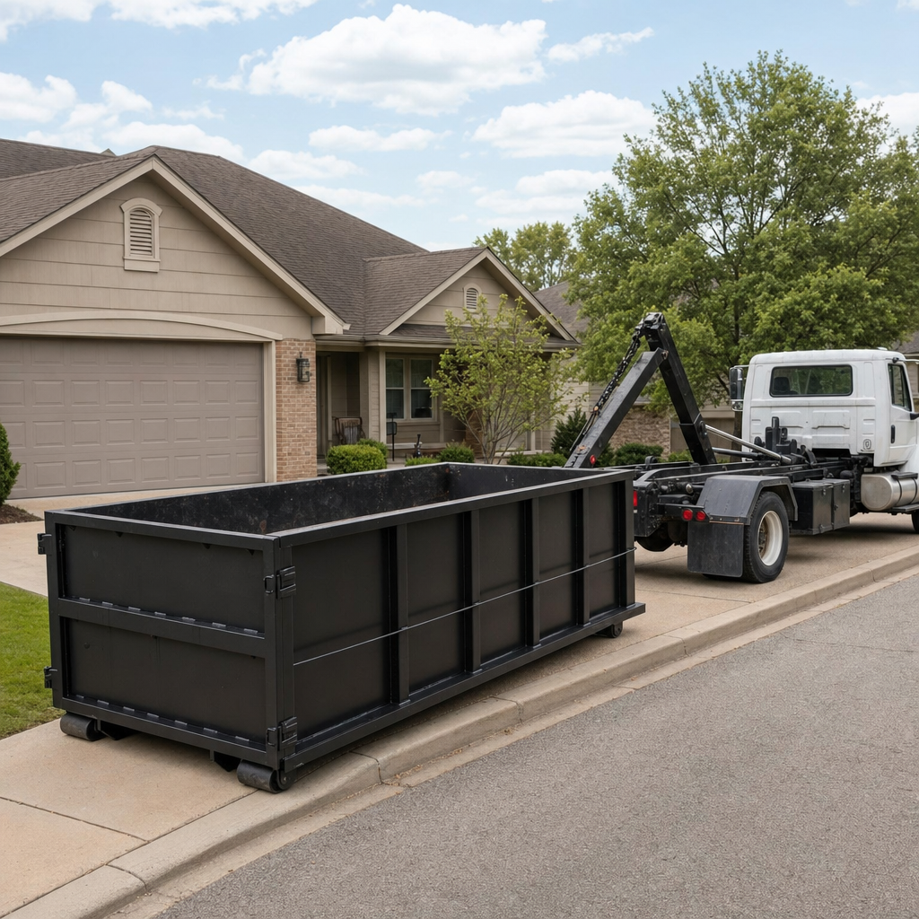 Wide documentary shot of a matte-black roll-off dumpster on a Davie residential driveway in the foreground and a contractor jobsite container in the soft-focus background, bright daylight, calm and orderly composition.