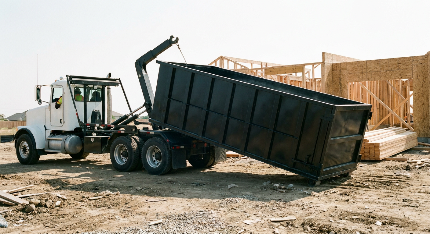 Matte-black roll-off dumpster being delivered onto a clean residential concrete driveway in Davie by an unmarked white hooklift hauler truck, bright morning daylight, documentary 35mm perspective.