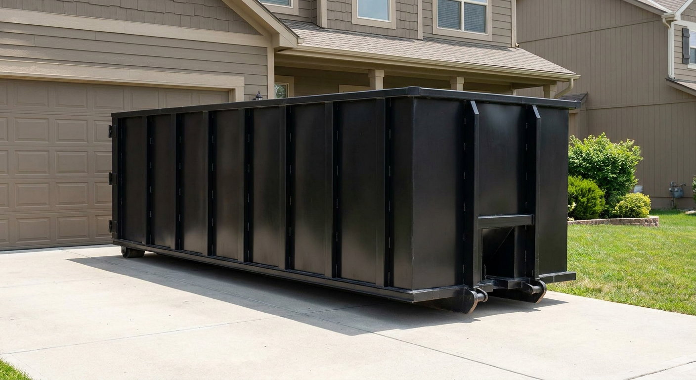 Matte-black residential roll-off dumpster sitting directly on a suburban Davie concrete driveway, garage door closed, single-family home in background, bright morning daylight.
