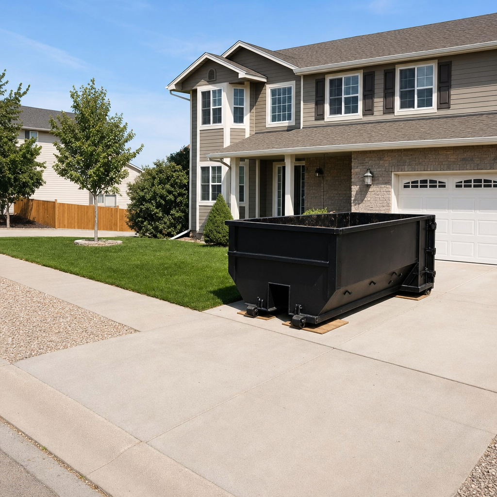 10-yard matte-black residential dumpster placed directly on a narrow Davie concrete driveway, room remains for a parked sedan beside it, mid-morning natural light