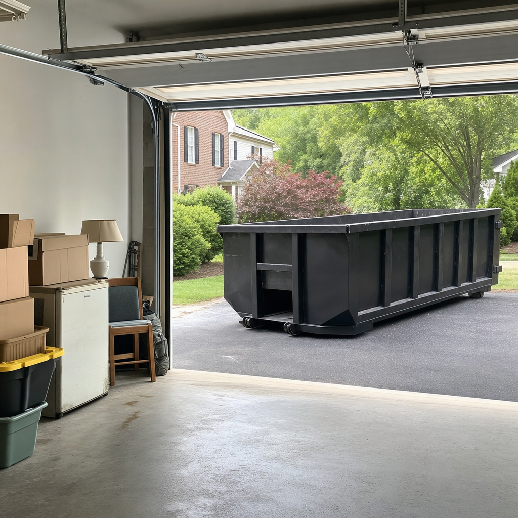 Open garage interior in a Davie home mid-cleanout — boxed items, an old appliance, and stacked yard tools queued near the driveway for a matte-black roll-off dumpster, organized and calm