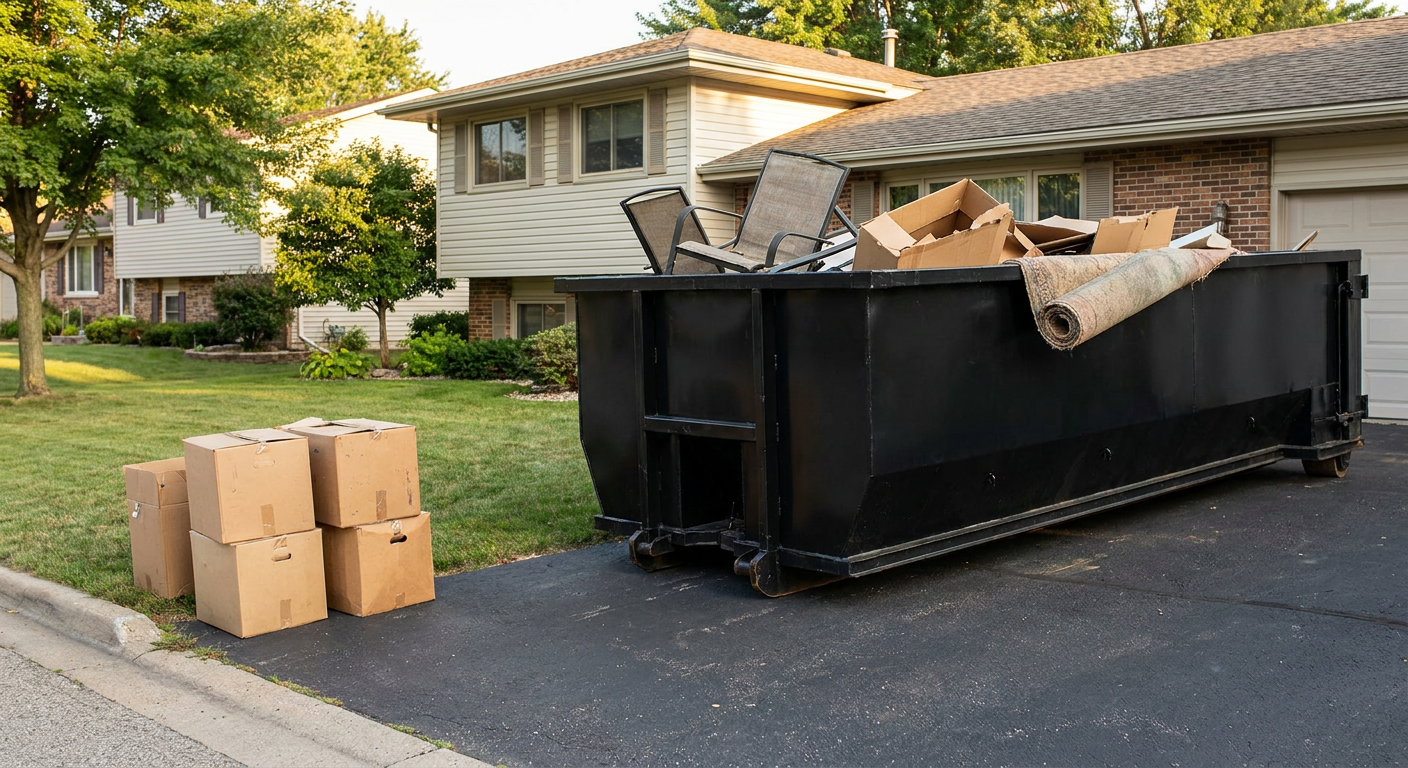 Front-yard view of a Davie split-level home with a 20-yard matte-black roll-off dumpster sitting directly on the asphalt driveway, a few clearly labeled donation boxes staged at the curb, calm sunny afternoon.