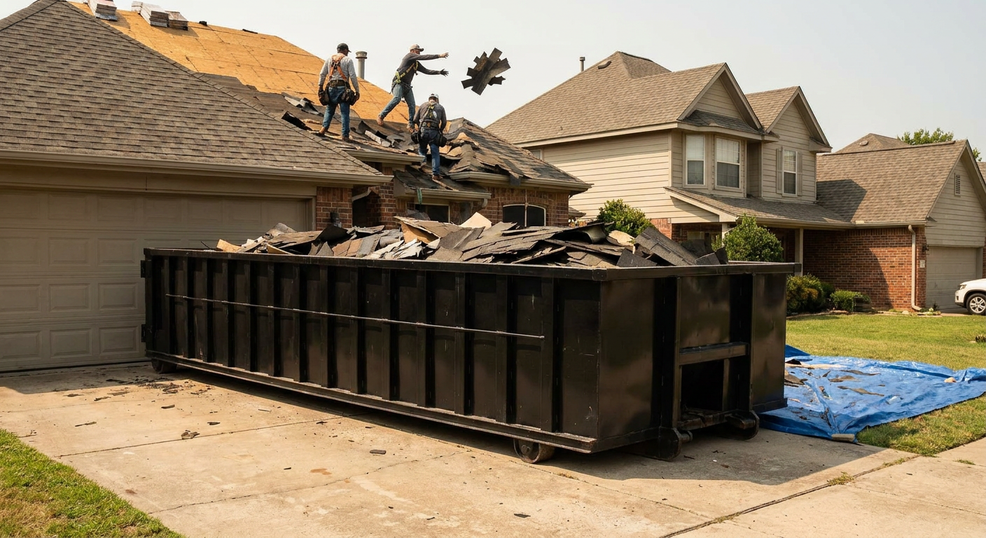 Matte-black roofing roll-off dumpster placed directly on a Davie residential concrete driveway, a tear-off crew on a two-story asphalt-shingle roof tossing shingle bundles into the low-walled container, bright daylight, documentary 35mm perspective.
