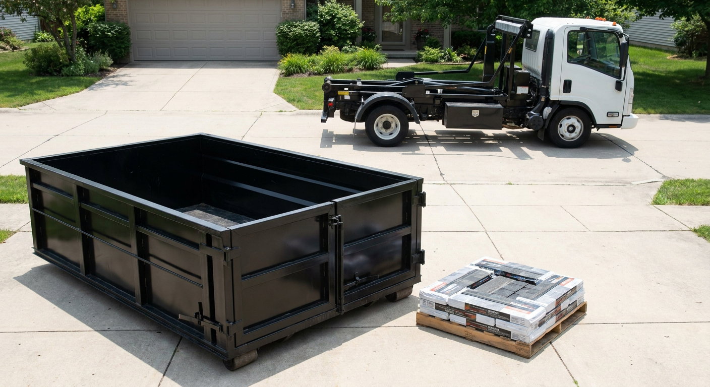 Matte-black 15-yard roofing roll-off dumpster with reinforced low side walls sitting directly on a Davie residential concrete driveway, three-tab asphalt shingle bundles stacked nearby, an unmarked white hauler truck partially visible at the edge of the frame.
