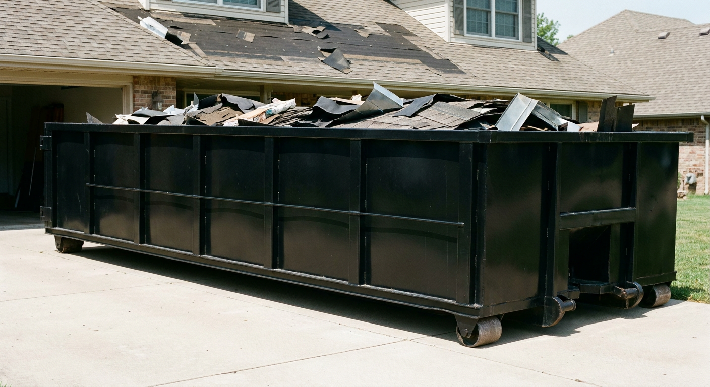 Matte-black 20-yard roofing roll-off dumpster with steel ribbed sides and swinging rear door, sitting directly on the concrete driveway of a two-story Davie home, asphalt shingle debris being loaded over the low wall, clean documentary lighting.
