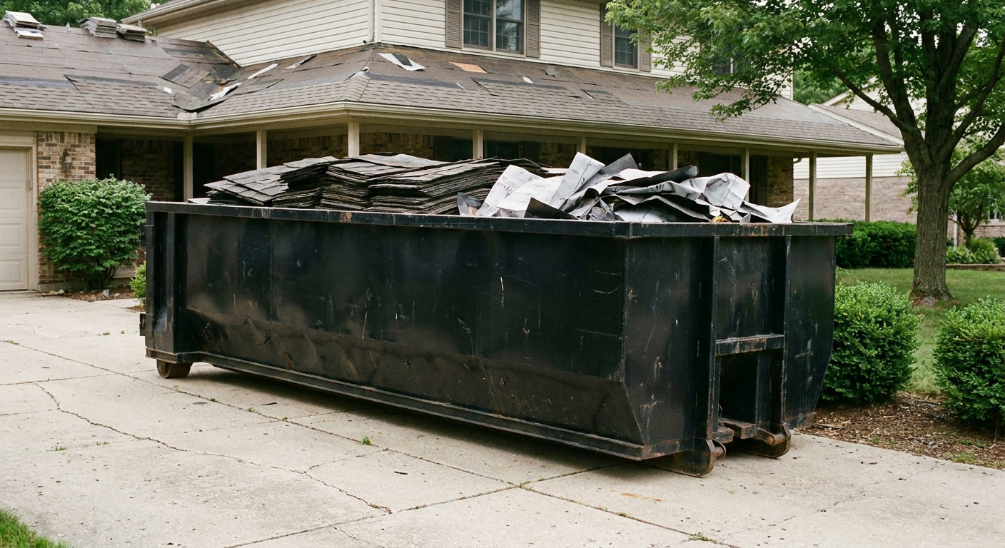 Matte-black 30-yard roofing roll-off dumpster sitting directly on a Davie concrete driveway, taller ribbed steel side panels, mixed tear-off debris of asphalt shingles and underlayment inside, professional documentary daylight.