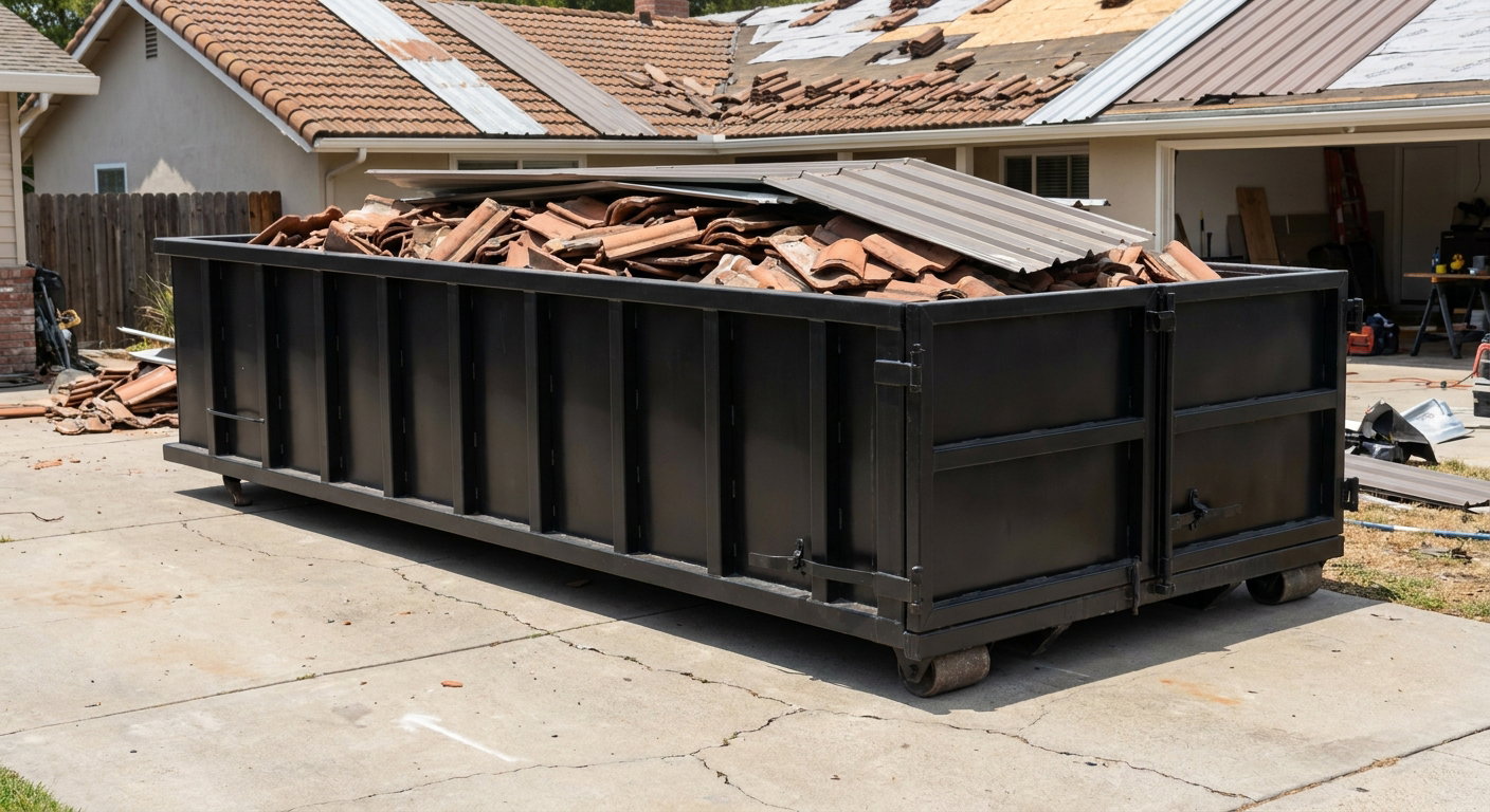 Matte-black low-wall heavy-debris roofing roll-off dumpster sitting directly on a Davie concrete driveway, broken concrete clay roof tiles and metal panel sections loaded inside, reinforced ribbed steel side walls visible, bright outdoor daylight.
