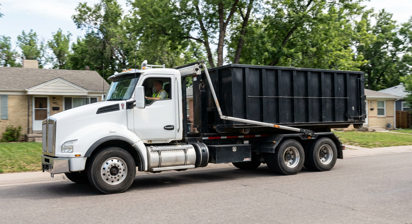 A wide documentary shot of a matte-black roll-off delivery truck pulling onto a quiet Davie residential street at mid-morning, with neighborhood rooftops and tree-lined blocks visible behind, showing the metro coverage footprint.