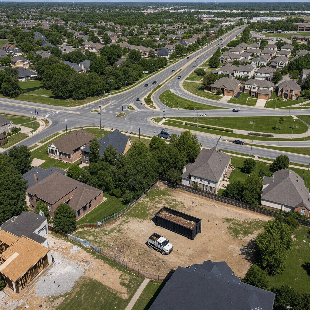 An overhead documentary view of the Davie metro area at midday, showing the spread of neighborhoods, arterial roads, and the dispatch radius from a central yard — clean daylight, organized geographic layout.