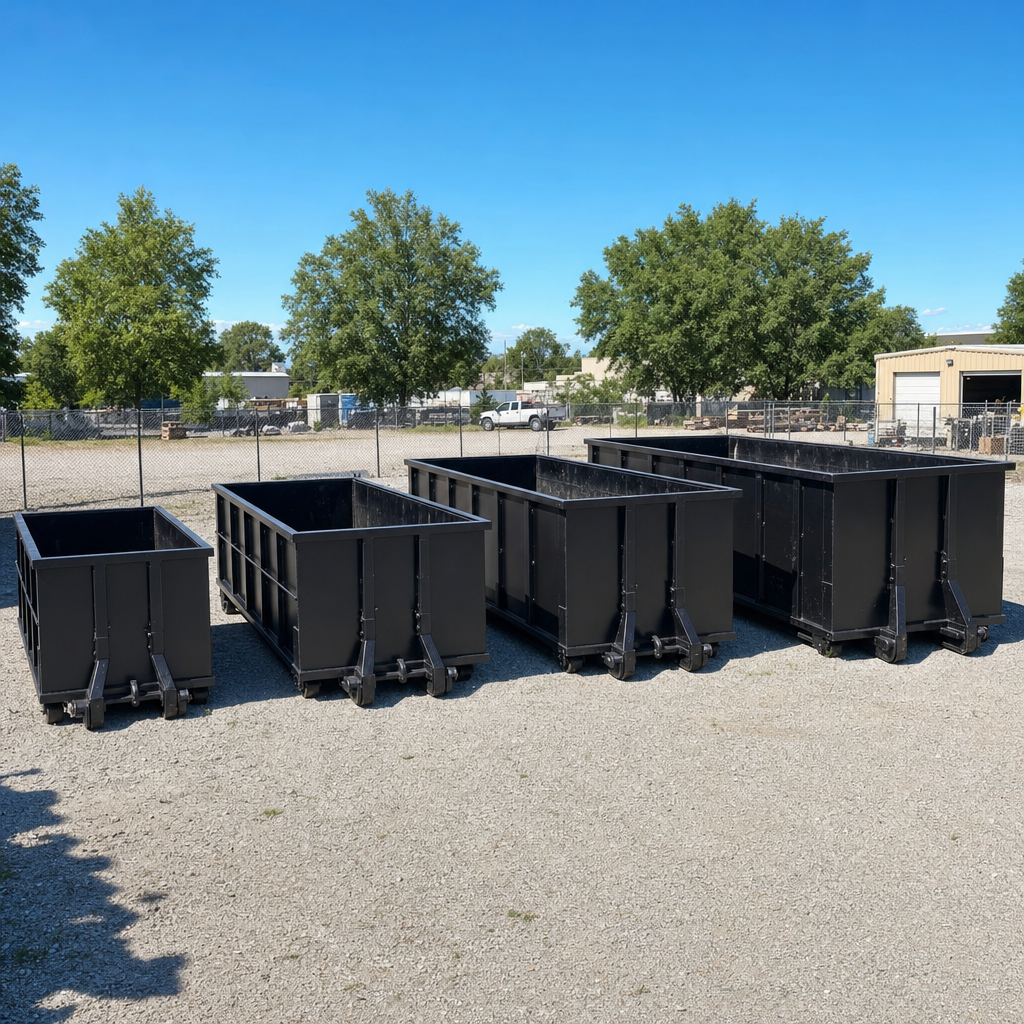A clean lineup of matte-black roll-off dumpsters in 10, 20, 30, and 40-yard sizes staged on a sunlit gravel yard in Davie, showing the size progression from compact to commercial-scale containers.