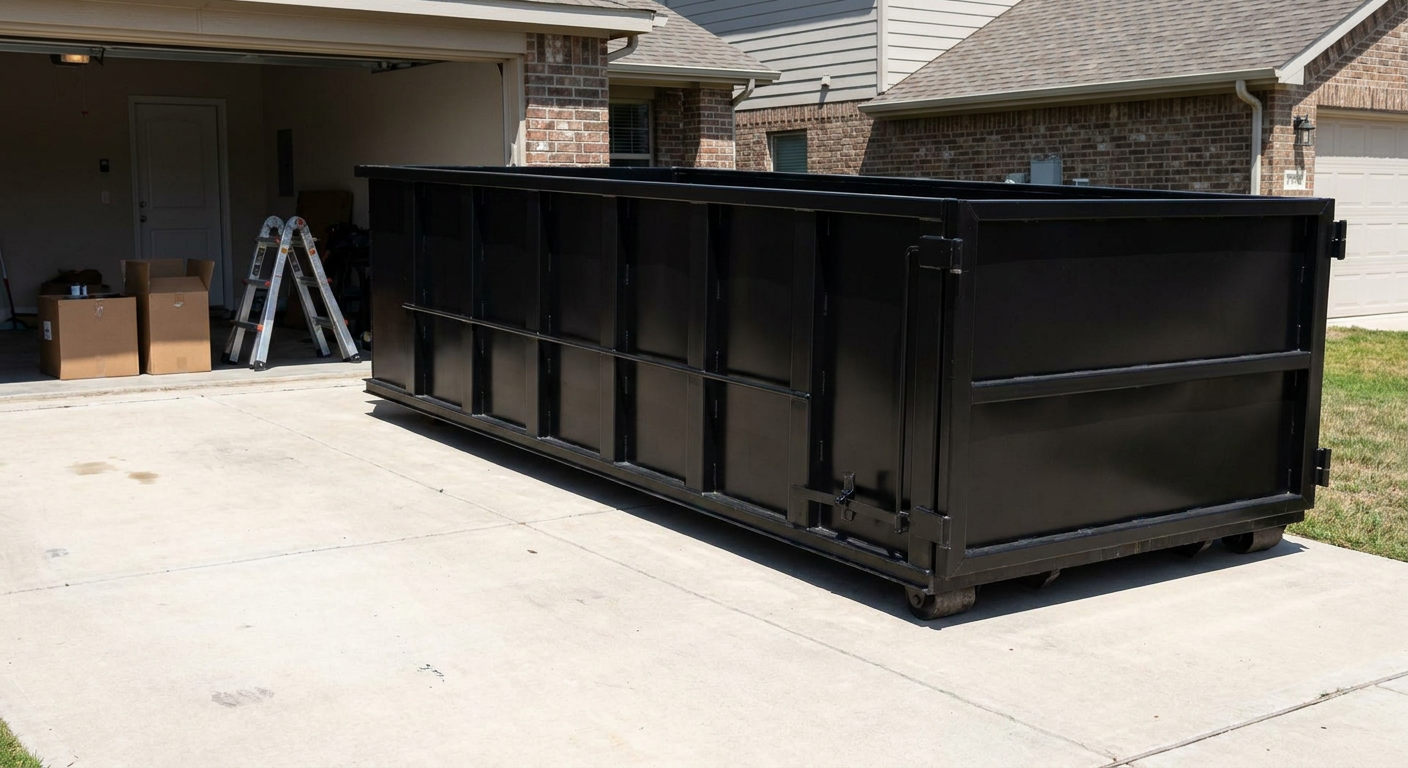 A matte-black 10-yard roll-off dumpster sitting directly on a residential Davie concrete driveway, mid-day sunlight, clean and ready for a garage cleanout.