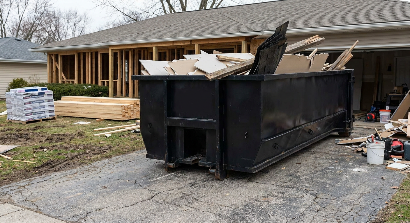 A matte-black 20-yard roll-off dumpster placed alongside a mid-renovation Davie home directly on the asphalt driveway, with framing materials and torn-off shingles staged neatly nearby.