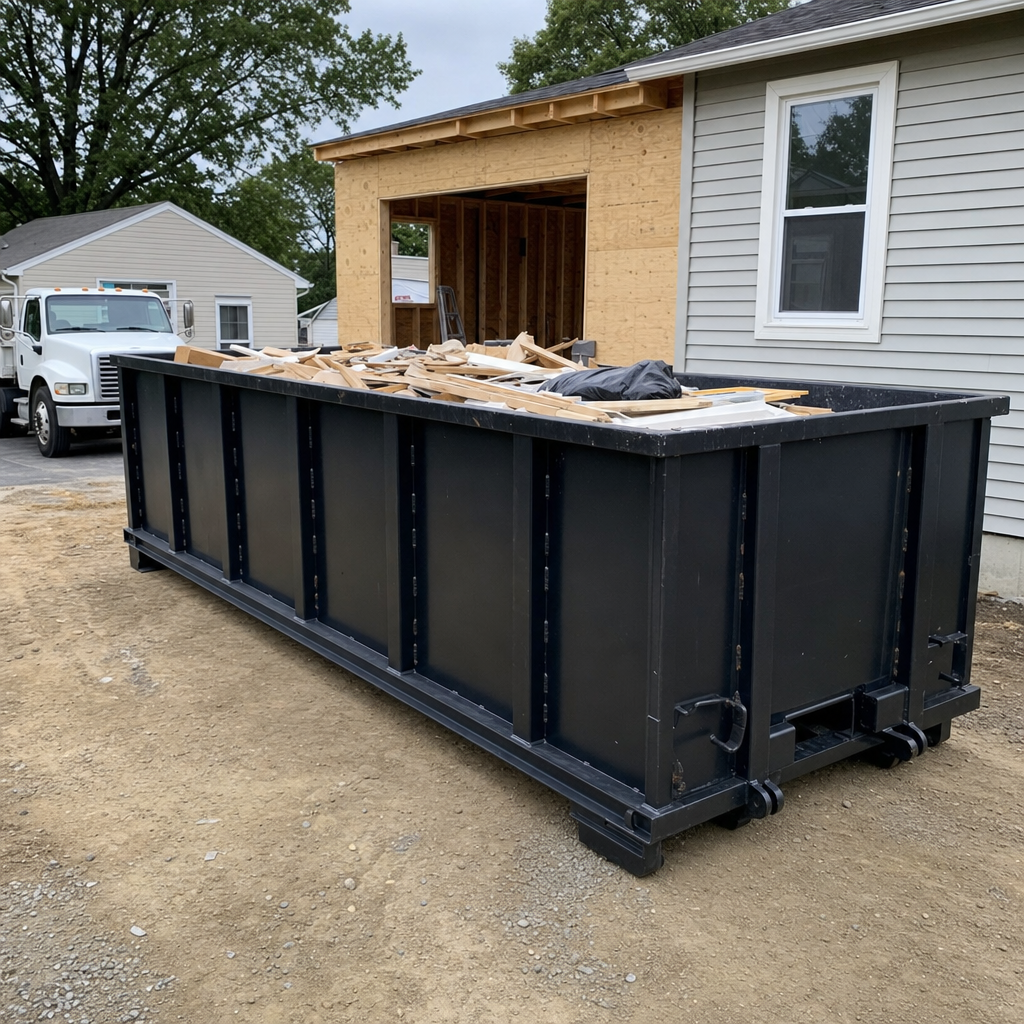 A matte-black 30-yard roll-off dumpster positioned at a Davie residential addition jobsite, with framing lumber and drywall scraps loaded through the open swinging rear doors.