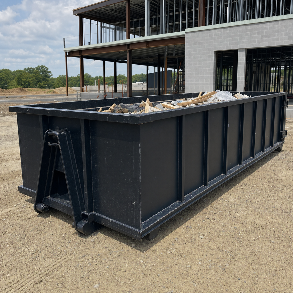 A matte-black 40-yard roll-off dumpster staged on a large Davie commercial construction lot, with a hooklift delivery truck parked alongside under bright midday sky.