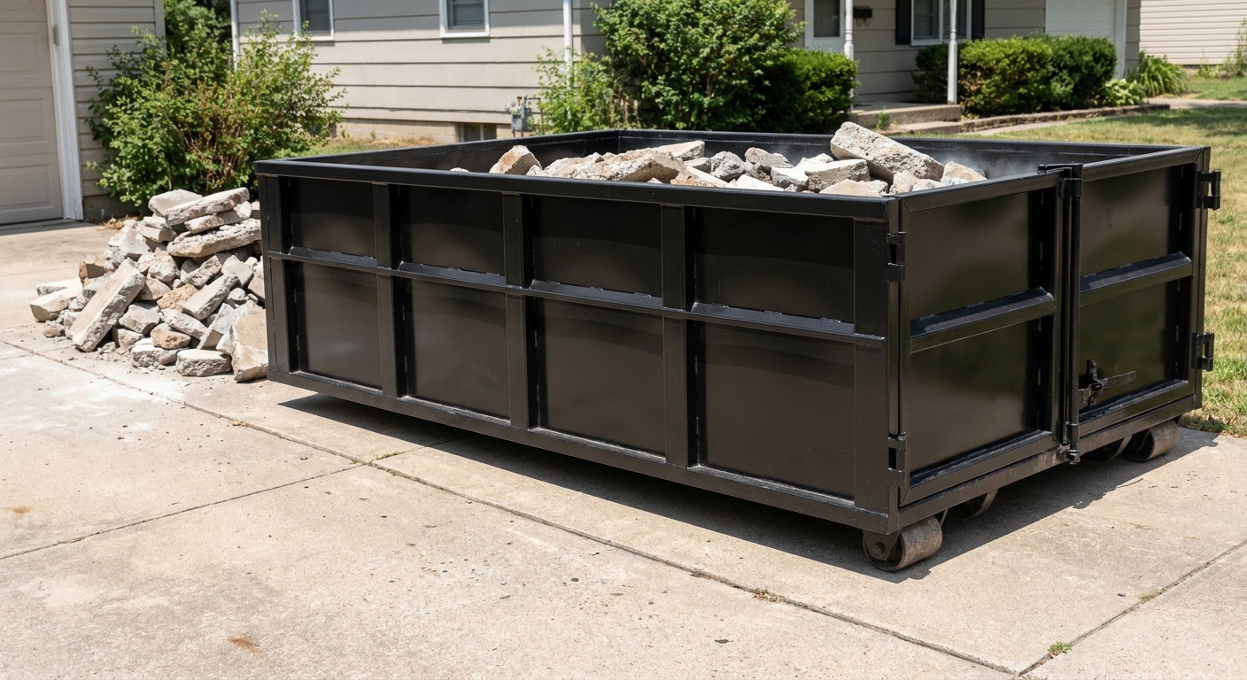 A matte-black low-side heavy-debris roll-off dumpster placed directly on a Davie concrete driveway, with broken concrete chunks neatly stacked beside it under clean daylight.